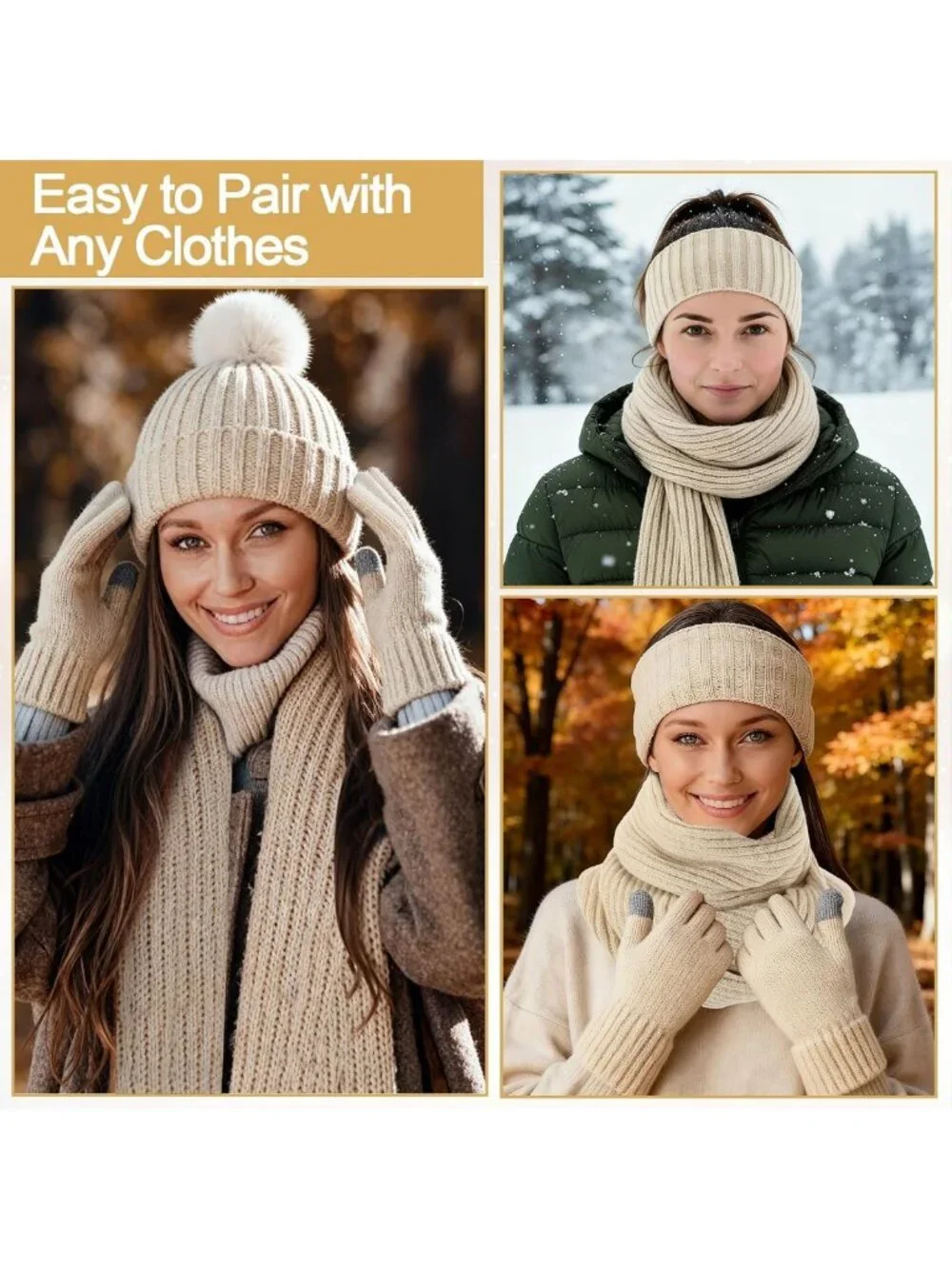 Cozy 4-Piece Winter Set: Hat, Scarf, Gloves & Headband for Cold Weather Fashion